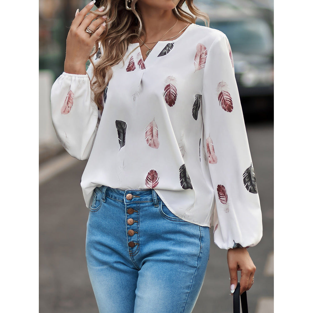 Feather Print Polo Shirt Long Lantern Sleeve Shirt Turndown Collar Breasted Tops Clothes