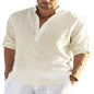 Men's Casual Cotton Linen Solid Color Long Sleeve Shirt Loose Stand Collar