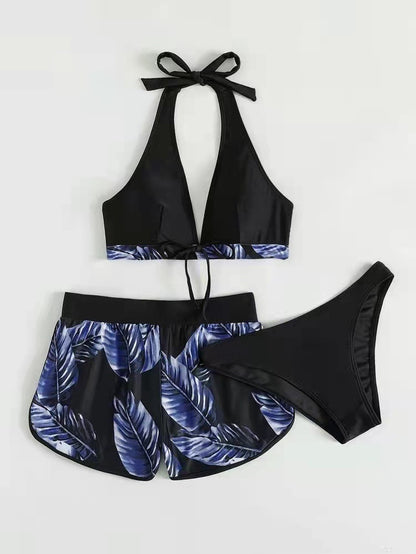 3pcs Leaf Print Bikini With Shorts Fashion Summer Beach Swimsuit Womens Clothing