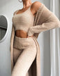 3pcs Womens Clothing  Fashion Solid Fluffy Plain Crop Top & Skinny Pants & Longline Coat Set Warm Cozy Suit Sets