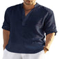 Men's Casual Cotton Linen Solid Color Long Sleeve Shirt Loose Stand Collar