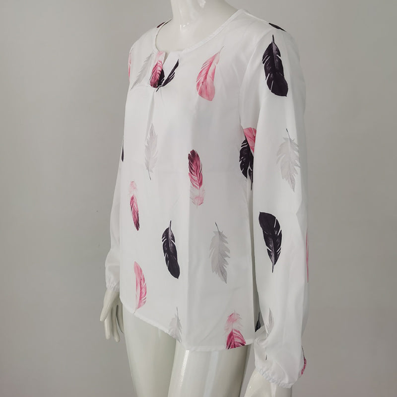 Feather Print Polo Shirt Long Lantern Sleeve Shirt Turndown Collar Breasted Tops Clothes