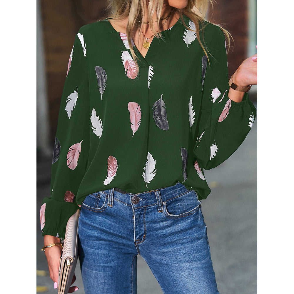 Feather Print Polo Shirt Long Lantern Sleeve Shirt Turndown Collar Breasted Tops Clothes